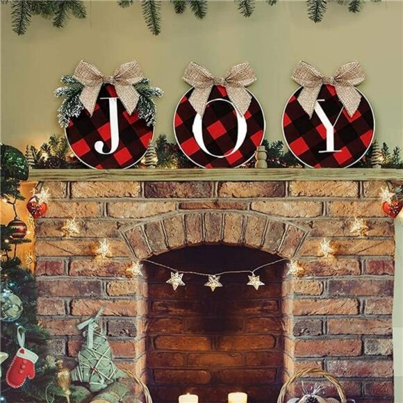 Joy Sign - Buffalo Check Plaid Wreath for Front Door - Wooden Holiday Decoration - Picture 6 of 6